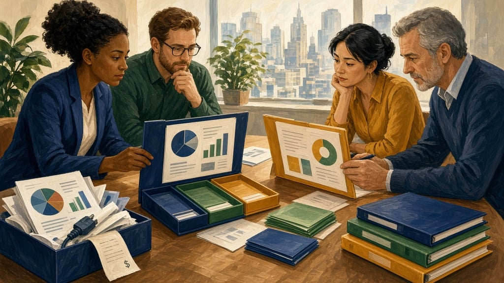 Finance and operations team comparing two NetSuite implementation proposals, with an overflowing box of unpriced items such as tax receipts, integration cables and reports beside the table