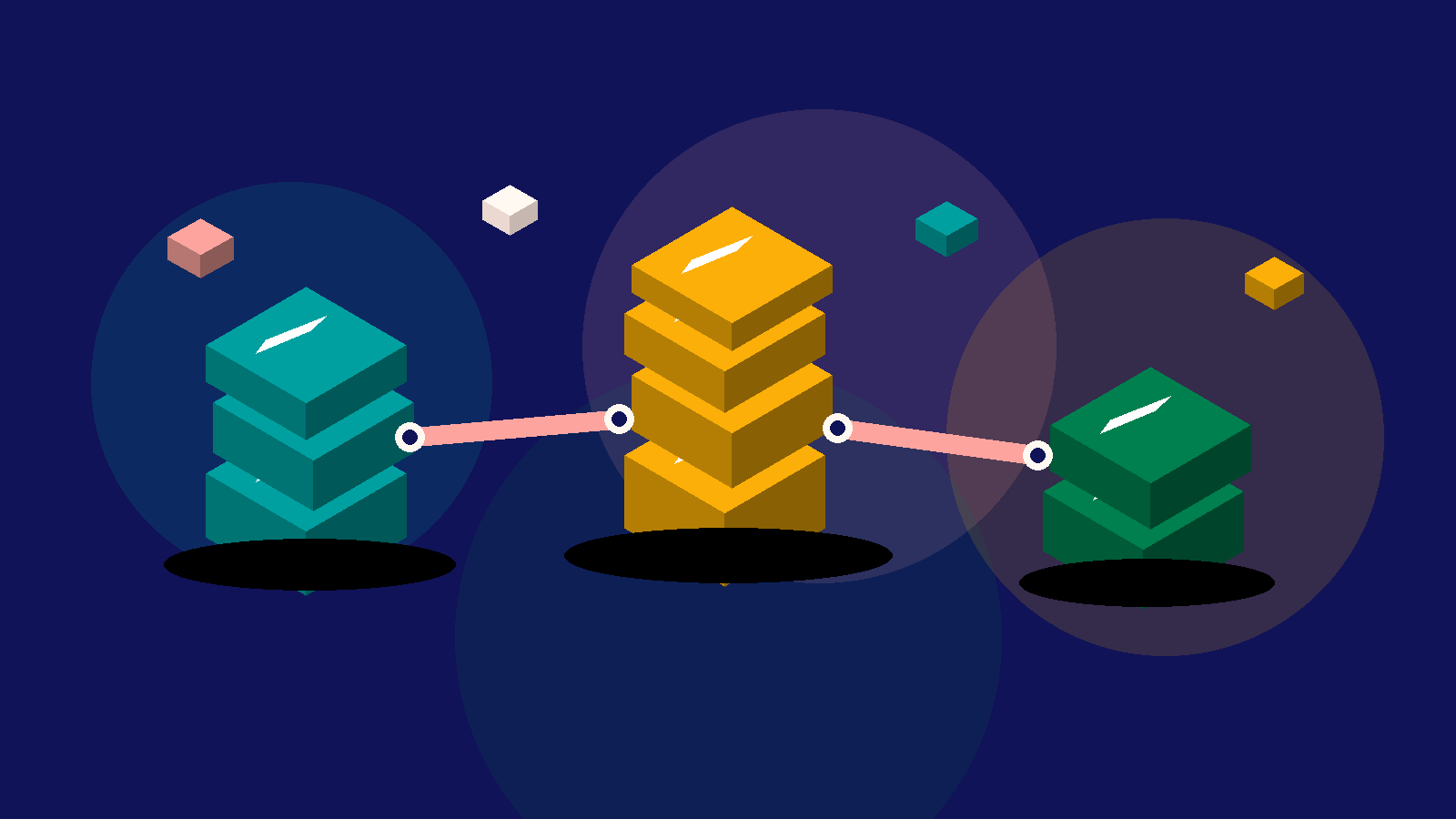 Glossy 3D isometric scene on navy: rounded clay blocks for NetSuite extracts, F5 boxes and a signed review pack joined by connector tubes