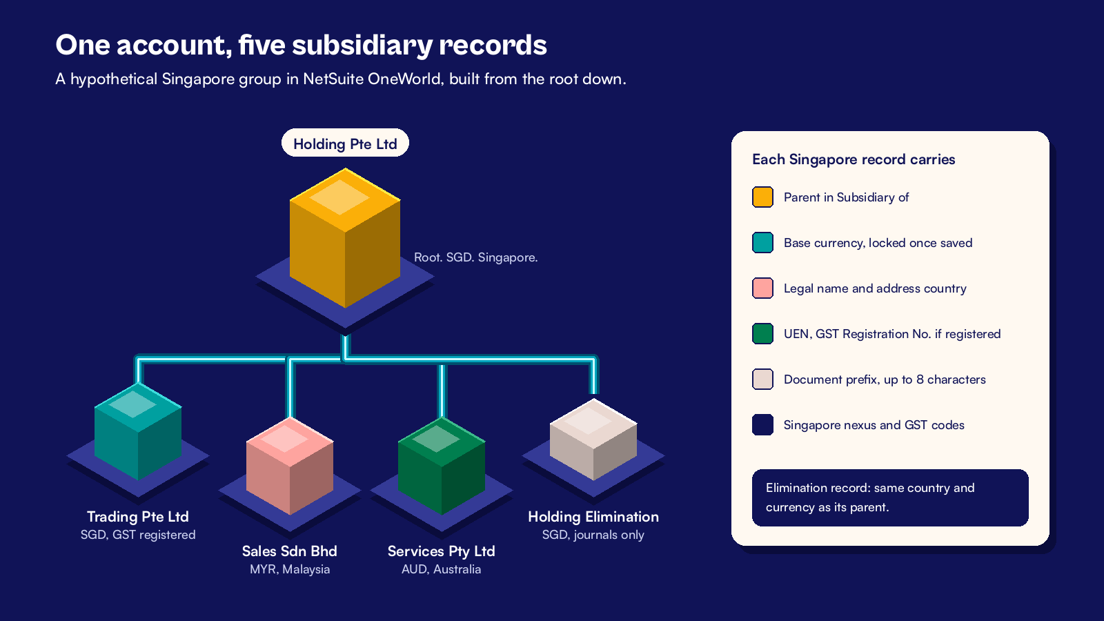 Isometric blocks of a hypothetical Singapore holding company with three subsidiaries and an elimination subsidiary in OneWorld