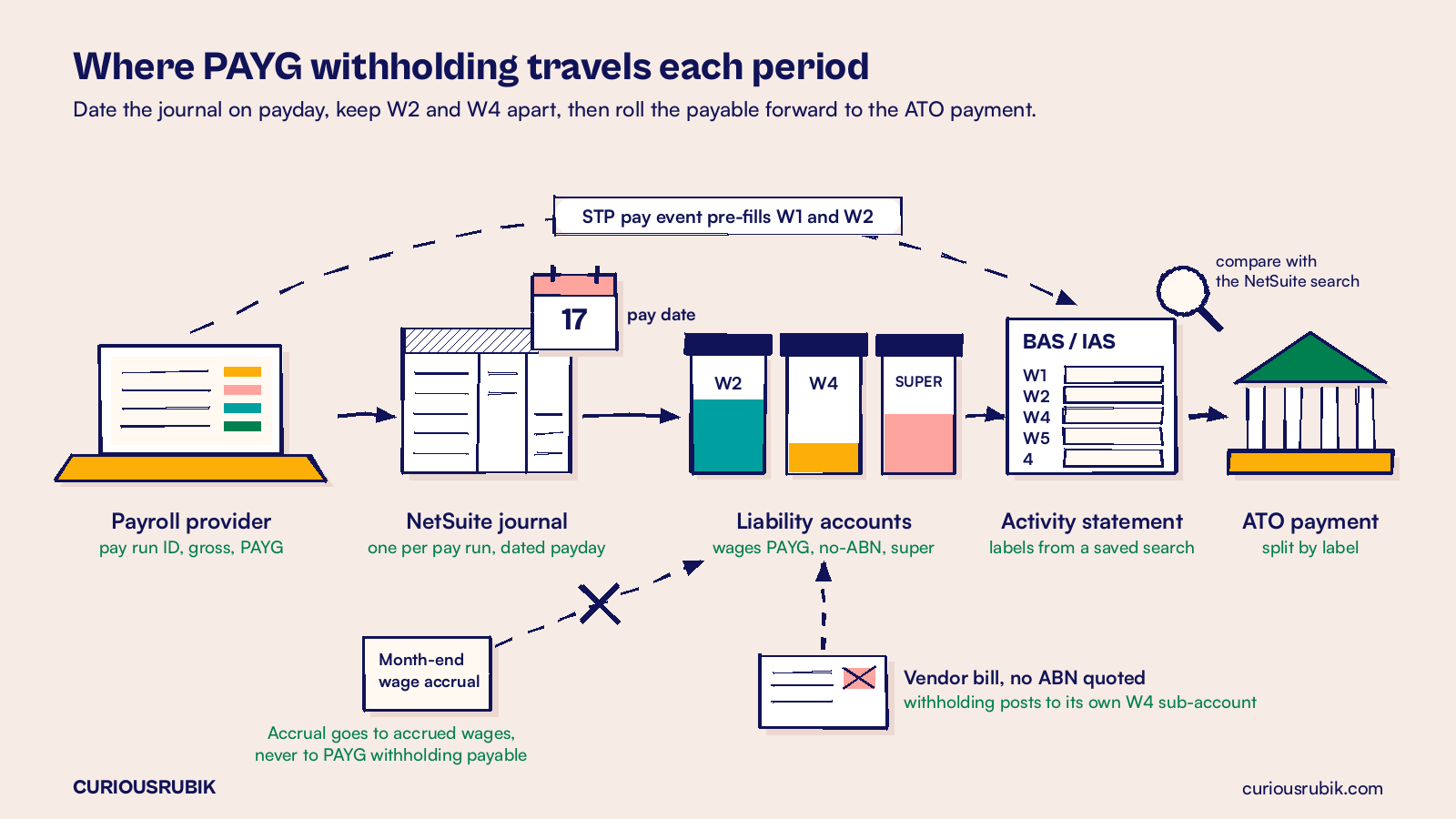 Ink line sketch on blush showing where PAYG withholding travels each period: payroll provider (pay run ID, gross, PAYG) to a NetSuite journal dated on the pay date, to liability accounts for wages PAYG (W2), no-ABN withholding (W4) and super, to the BAS or IAS labels W1, W2, W4, W5 and 4, then to an ATO payment split by label; an STP pay event pre-fills W1 and W2 for comparison with the NetSuite search, a vendor bill with no ABN feeds the W4 account and a month-end wage accrual is kept off PAYG withholding payable