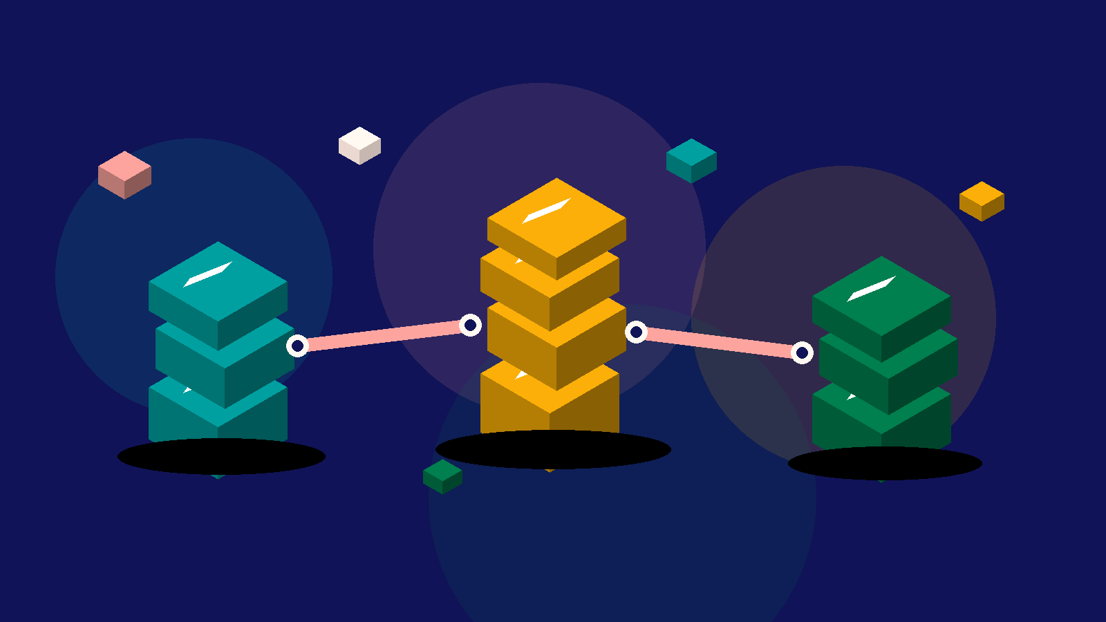 Glossy 3D isometric stacks on navy for pre-IPO SOX: teal role blocks, amber approval blocks and green change-evidence blocks linked by coral tubes