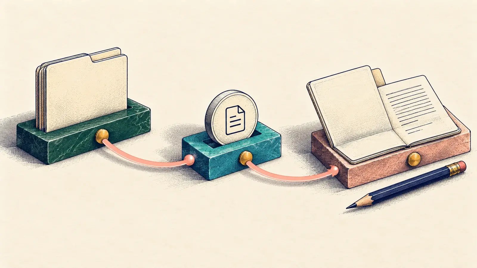 Three connected record stations lead from a closed folder to an open document and pencil, illustrating a workflow that opens a record for editing.