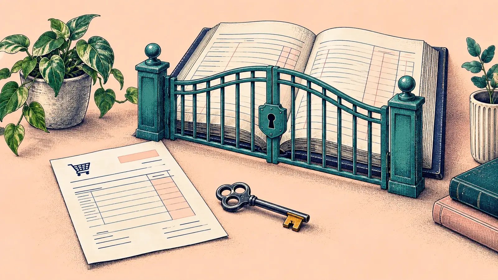 A teal access gate protects an open financial ledger while a sales document remains outside, illustrating controlled access to general-ledger details.