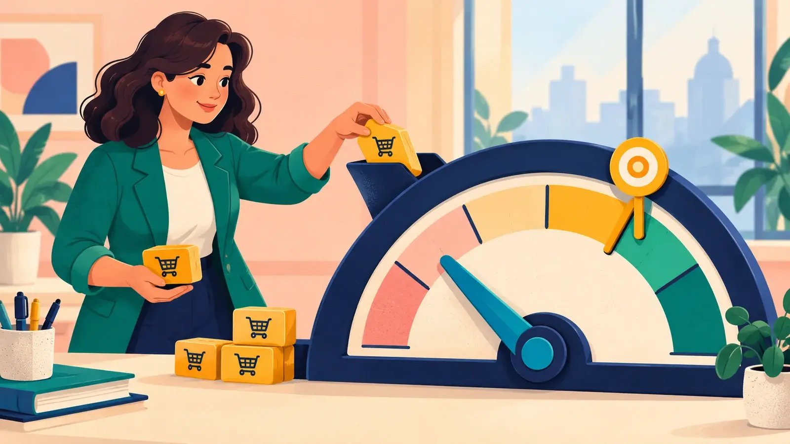 A sales meter compares actual results with a target marker.