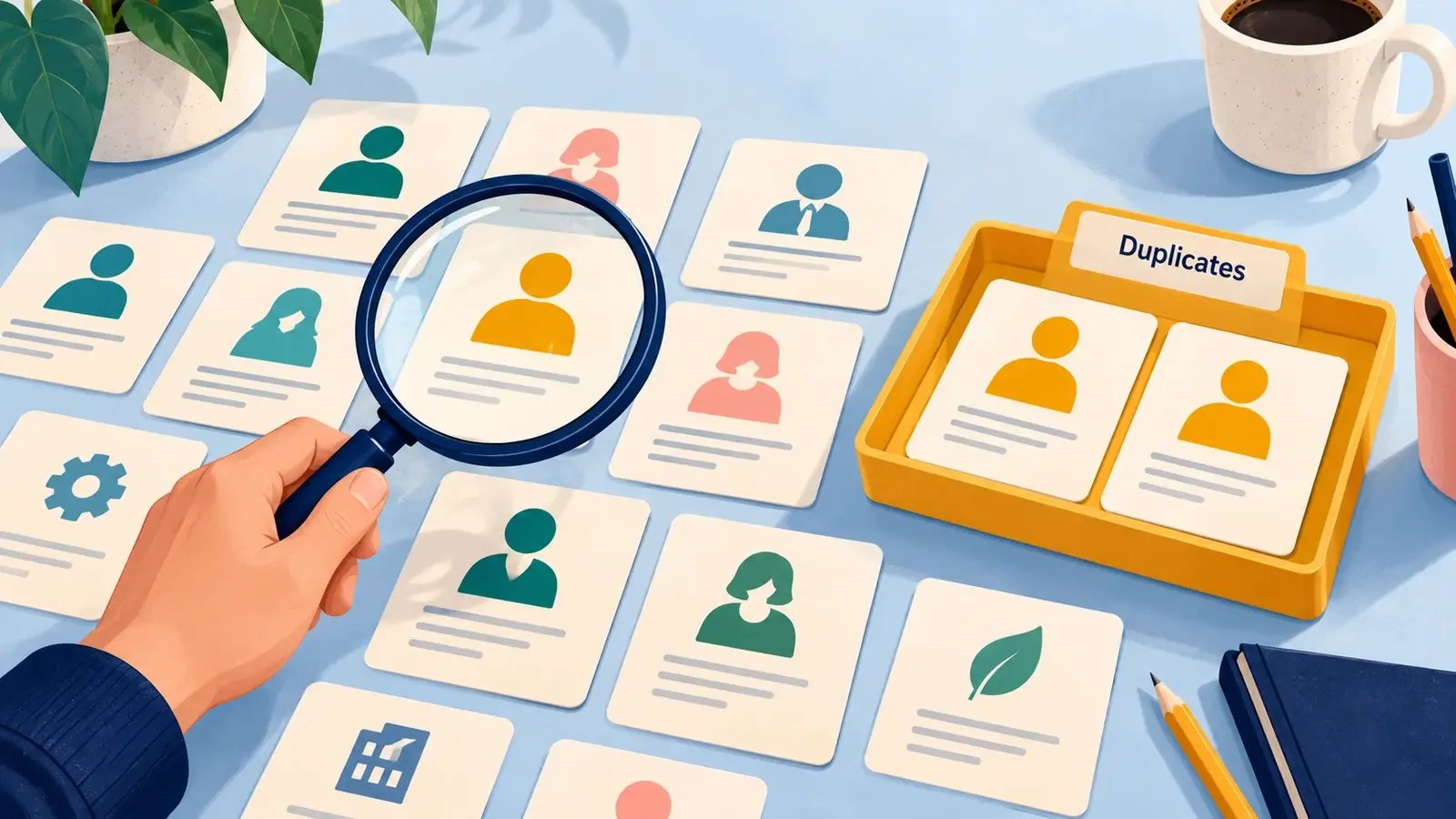 Matching identity seals reveal duplicate records for review.