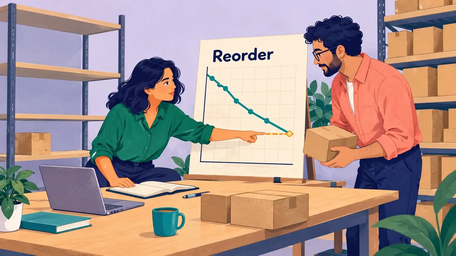 Operations planners compare low stock with a chart showing inventory reaching its reorder threshold.