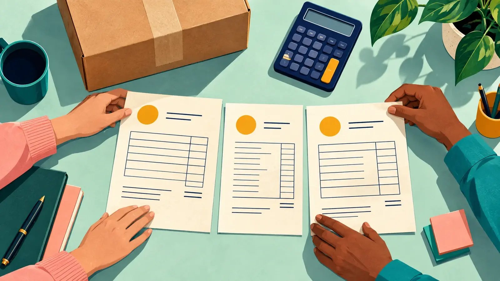 Two colleagues compare three matching business documents beside a received parcel.