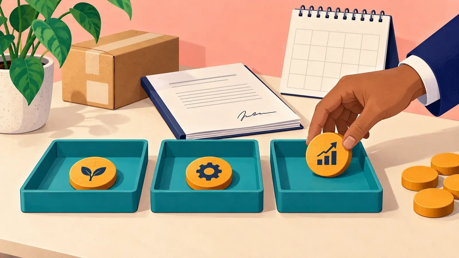 A finance worker moves a milestone token into a recognition tray beside a contract and parcel.