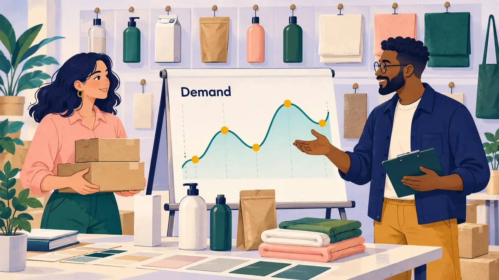 Demand planners study a seasonal forecast alongside product samples and stock cartons.