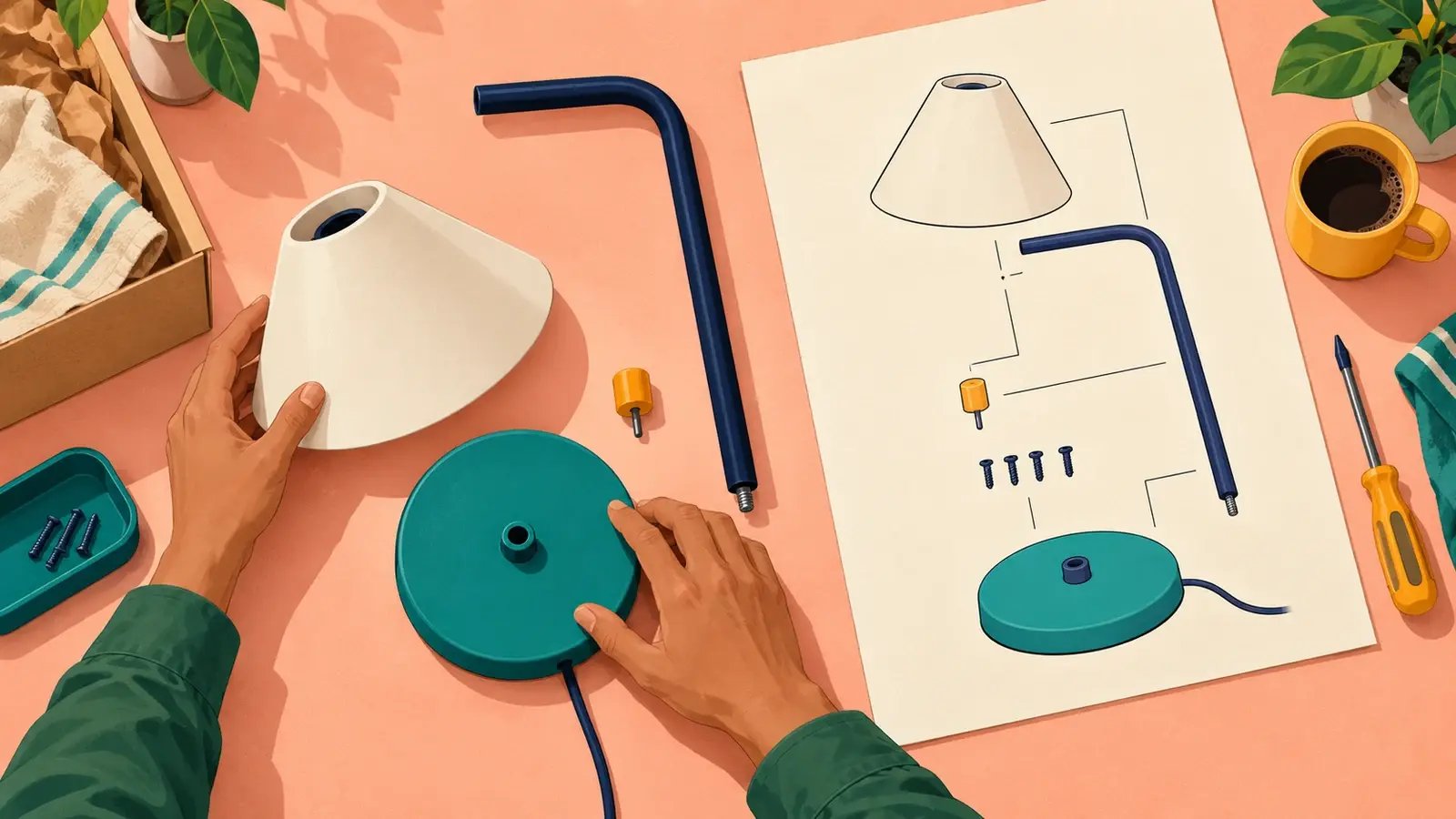 An engineer arranges a lamp's shade, base, stem and fasteners beside a component diagram.