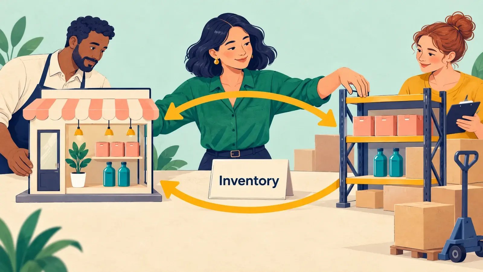 An ecommerce stock specialist compares matching product quantities between a small storefront model and warehouse shelving.