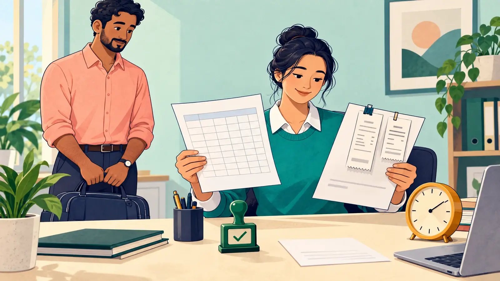 A manager checks an employee's timesheet and travel receipts beside a clock and document tray.