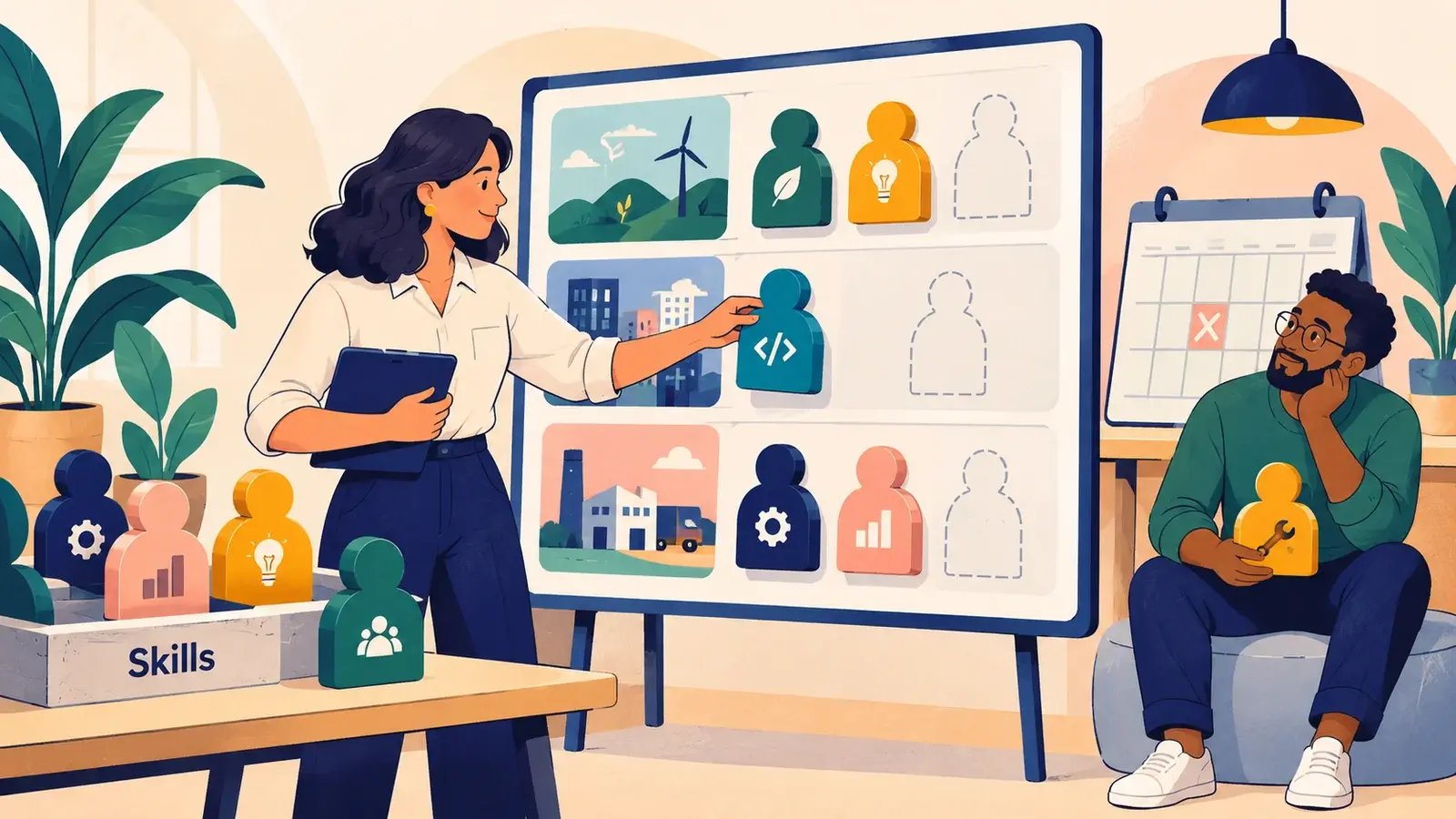 A manager matches skill tokens to project needs and available dates.