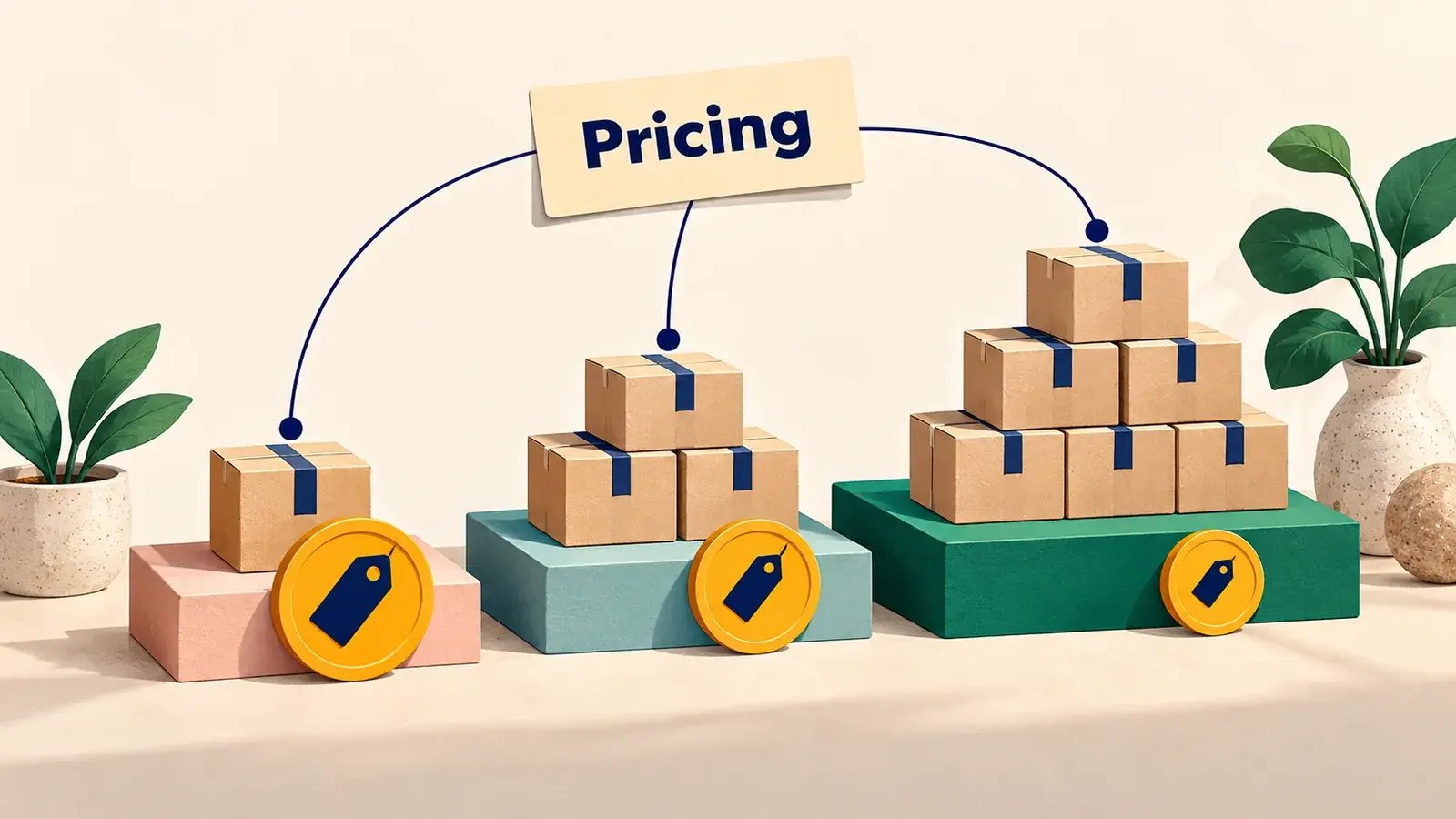 Product bundles sit beside distinct price tags connected to a pricing sign.