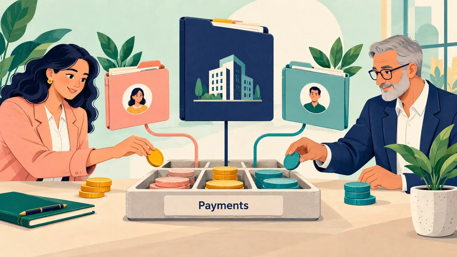 A shared payment tray allocates value to linked customer invoices.
