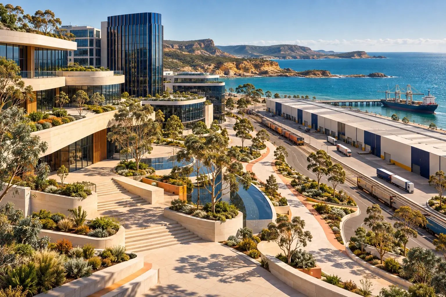 Australian coastal business landscape with eucalyptus, city buildings and connected warehouse operations.