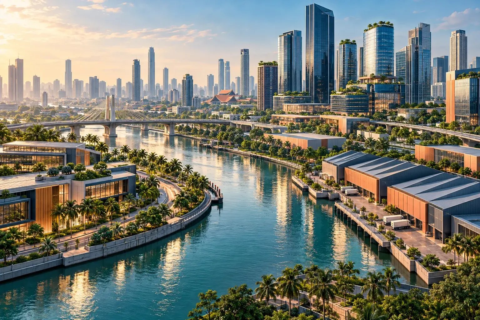 Thailand business landscape connecting Bangkok city buildings, a river and industrial distribution routes.