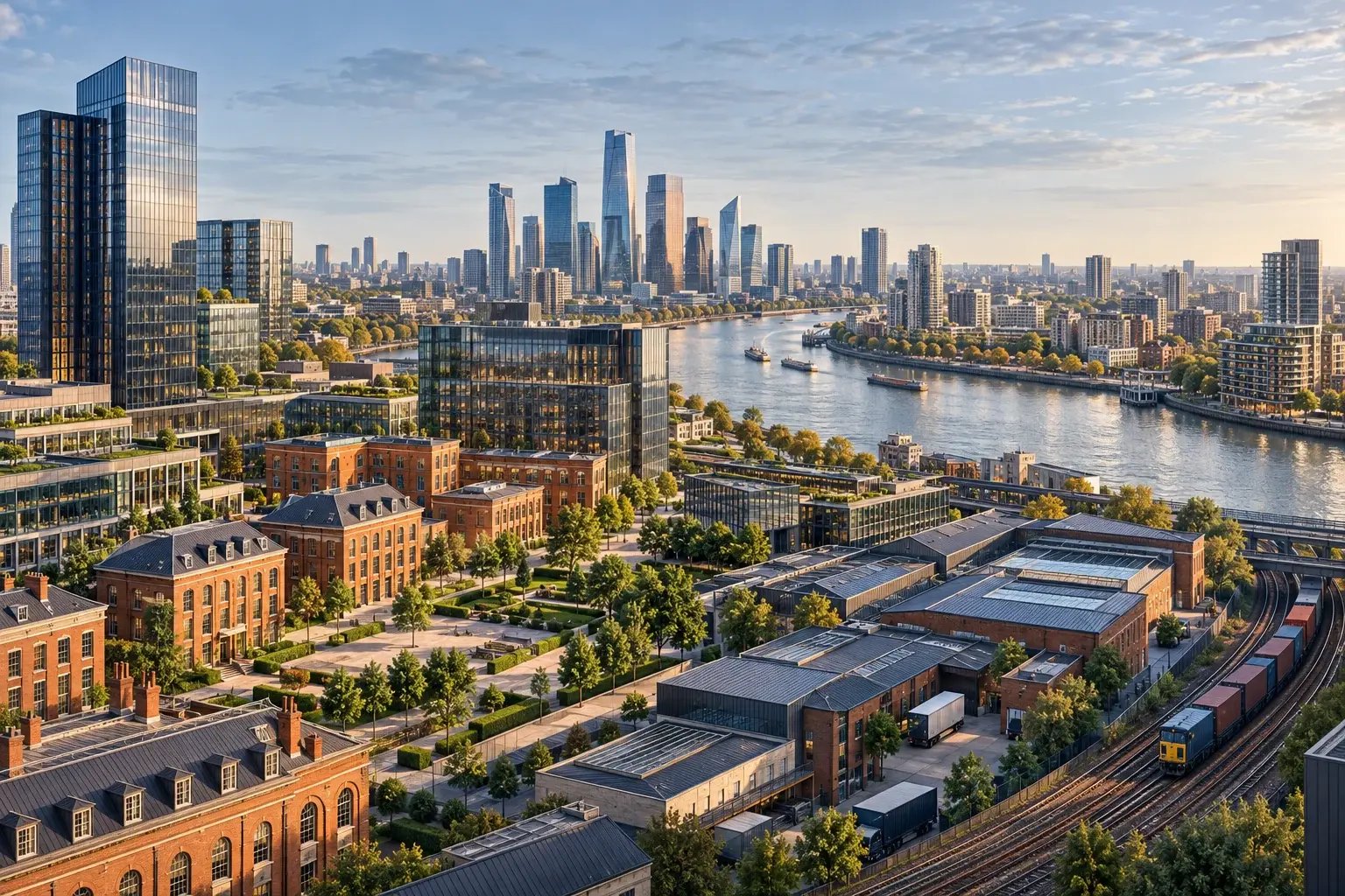UK business landscape with brick buildings, a river and connected commercial activity.