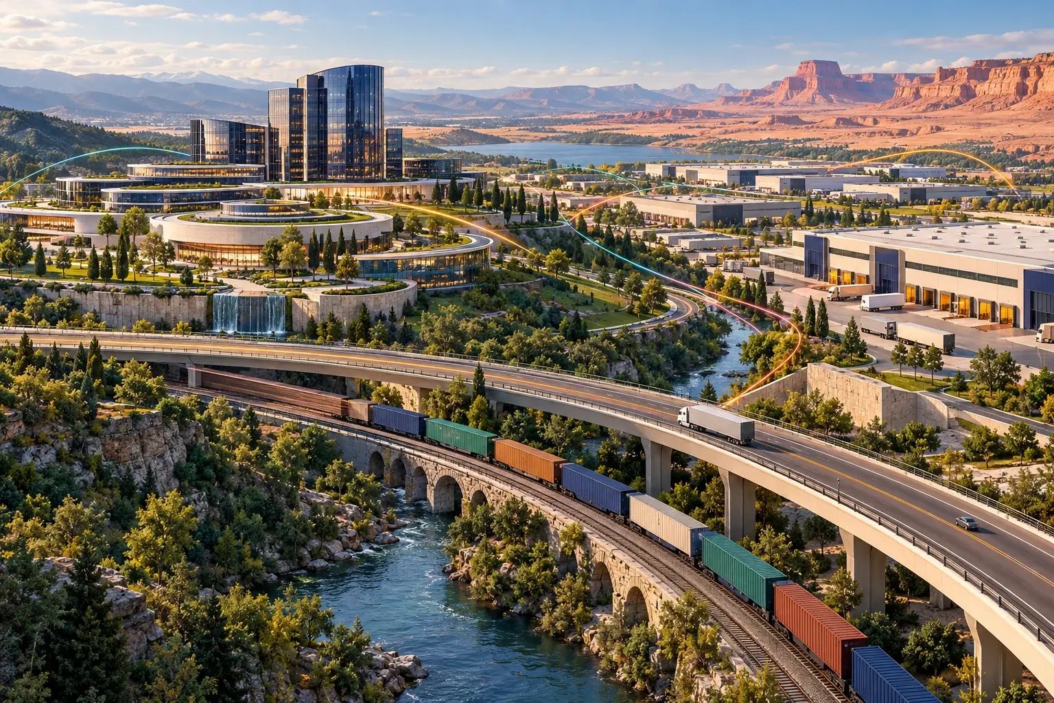US commercial landscape with city buildings, warehouses and distribution routes.