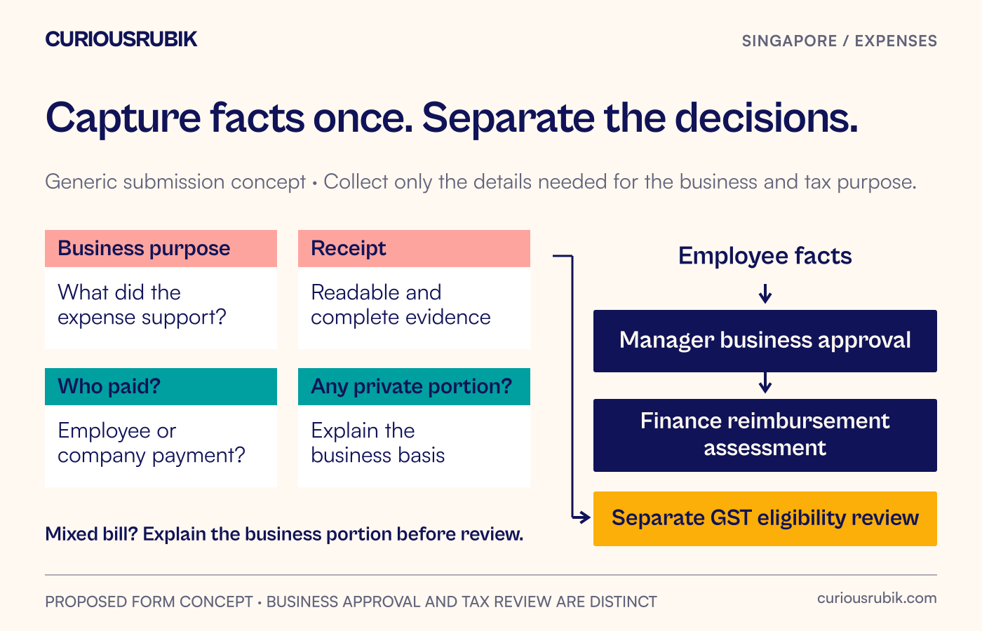 An expense submission concept groups fields into business purpose, receipt details, personal payment and any private portion, with separate manager and finance decisions.