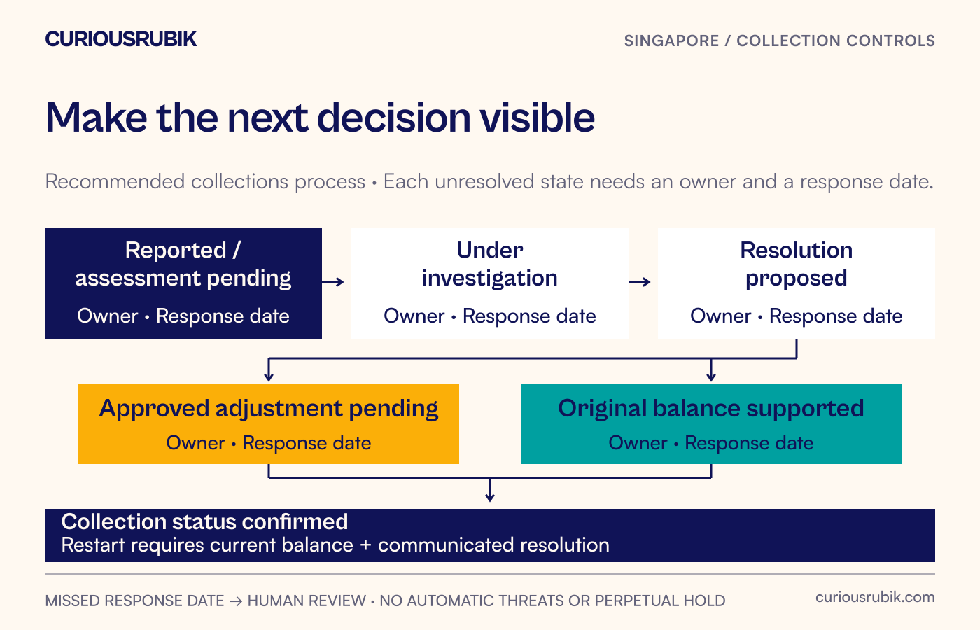 A dispute moves from reported to assessment, investigation, proposed resolution and confirmed collection status, with a response-date review at every unresolved stage.