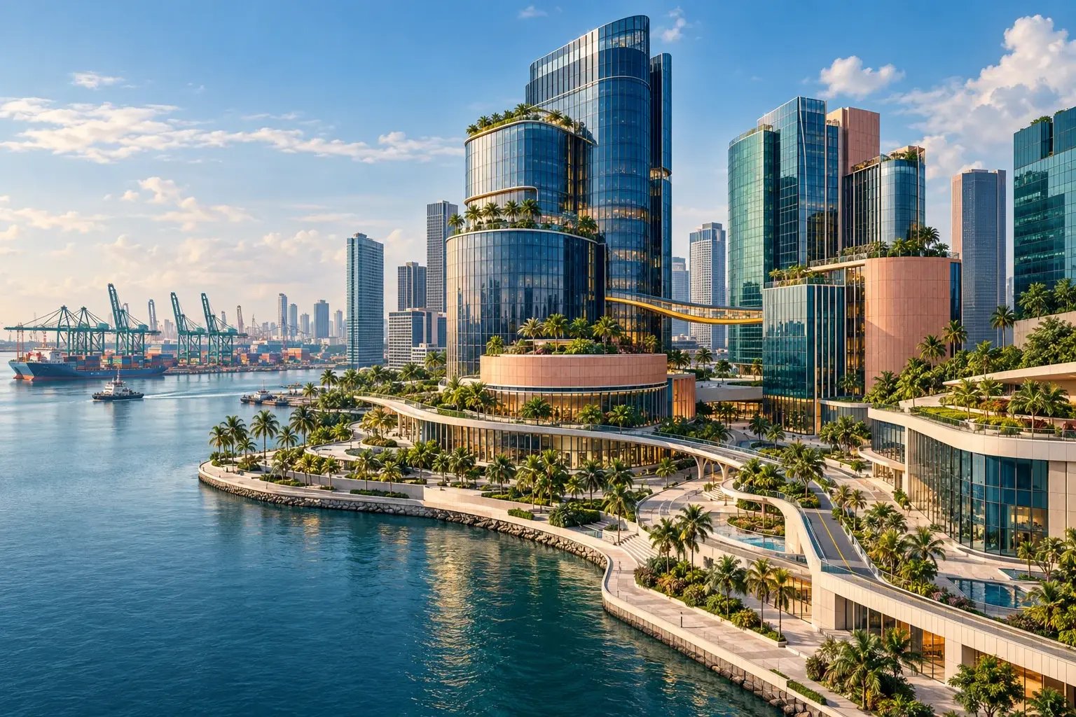Singapore waterfront, city towers and port logistics connected across a regional business landscape.