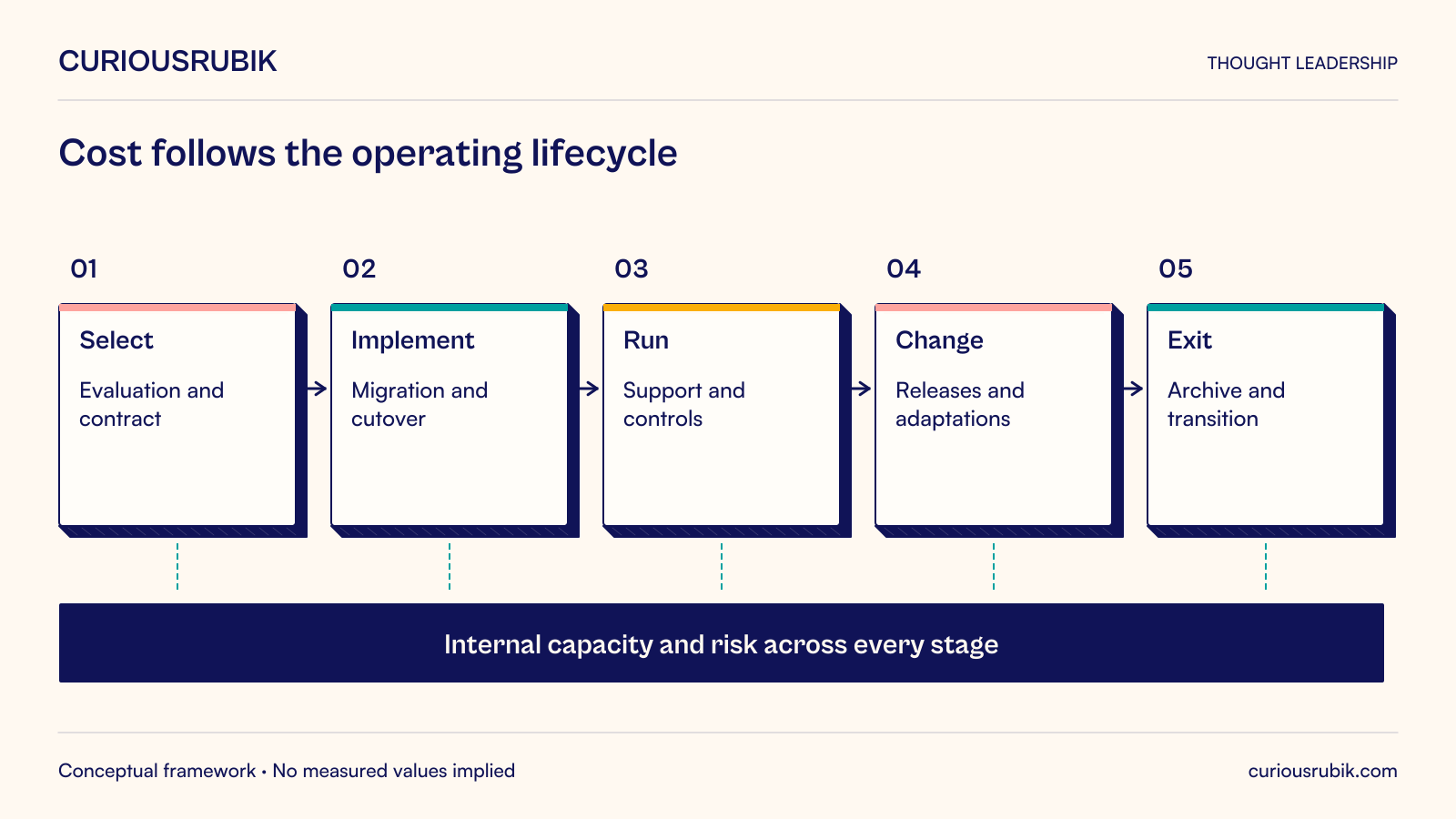 Conceptual ownership map showing selection, implementation, operation, change and exit, with internal capacity and risk running across all stages.