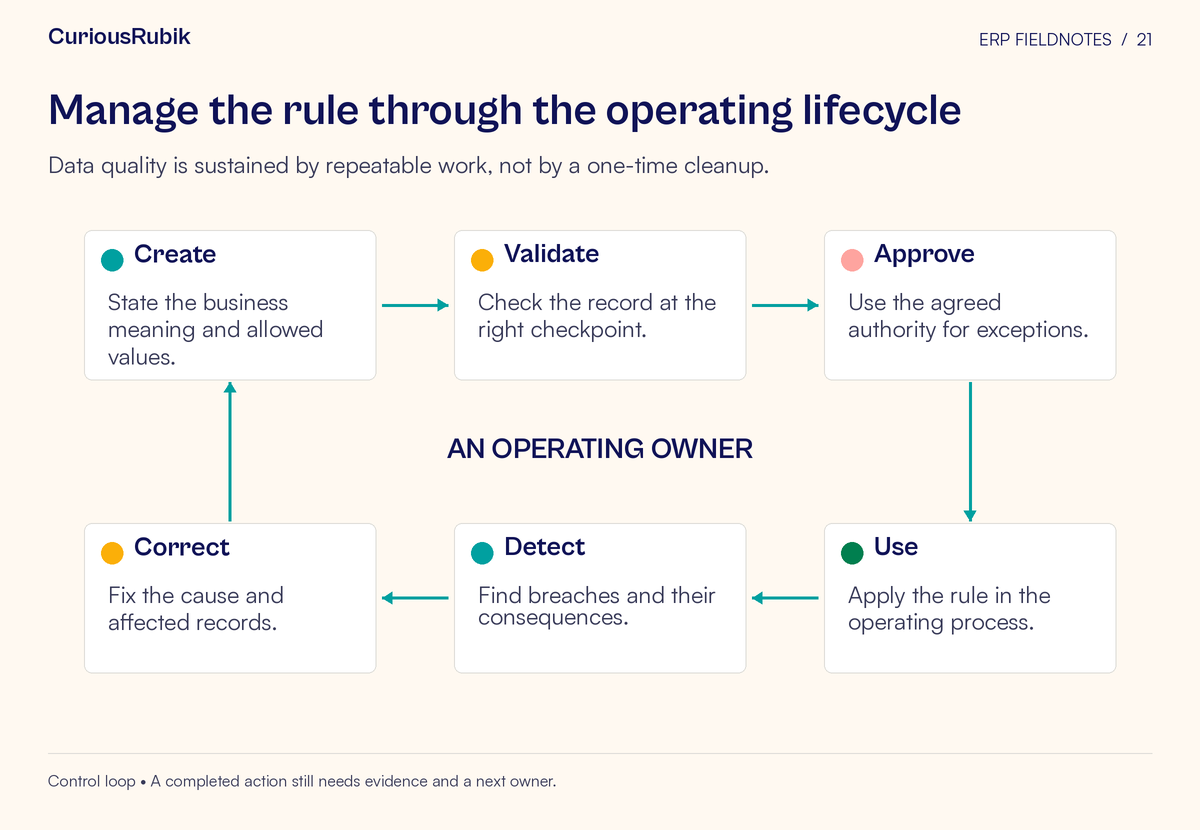 Cycle: Create → Validate → Approve → Use → Detect → Correct. The center emphasizes an operating owner.