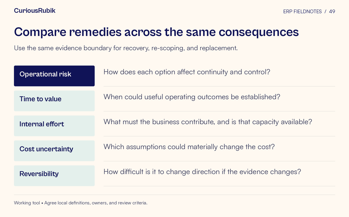 Worksheet with fields for Operational risk, Time to value, Internal effort, Cost uncertainty, Reversibility. Use the same evidence boundary for recovery, re-scoping, and replacement.