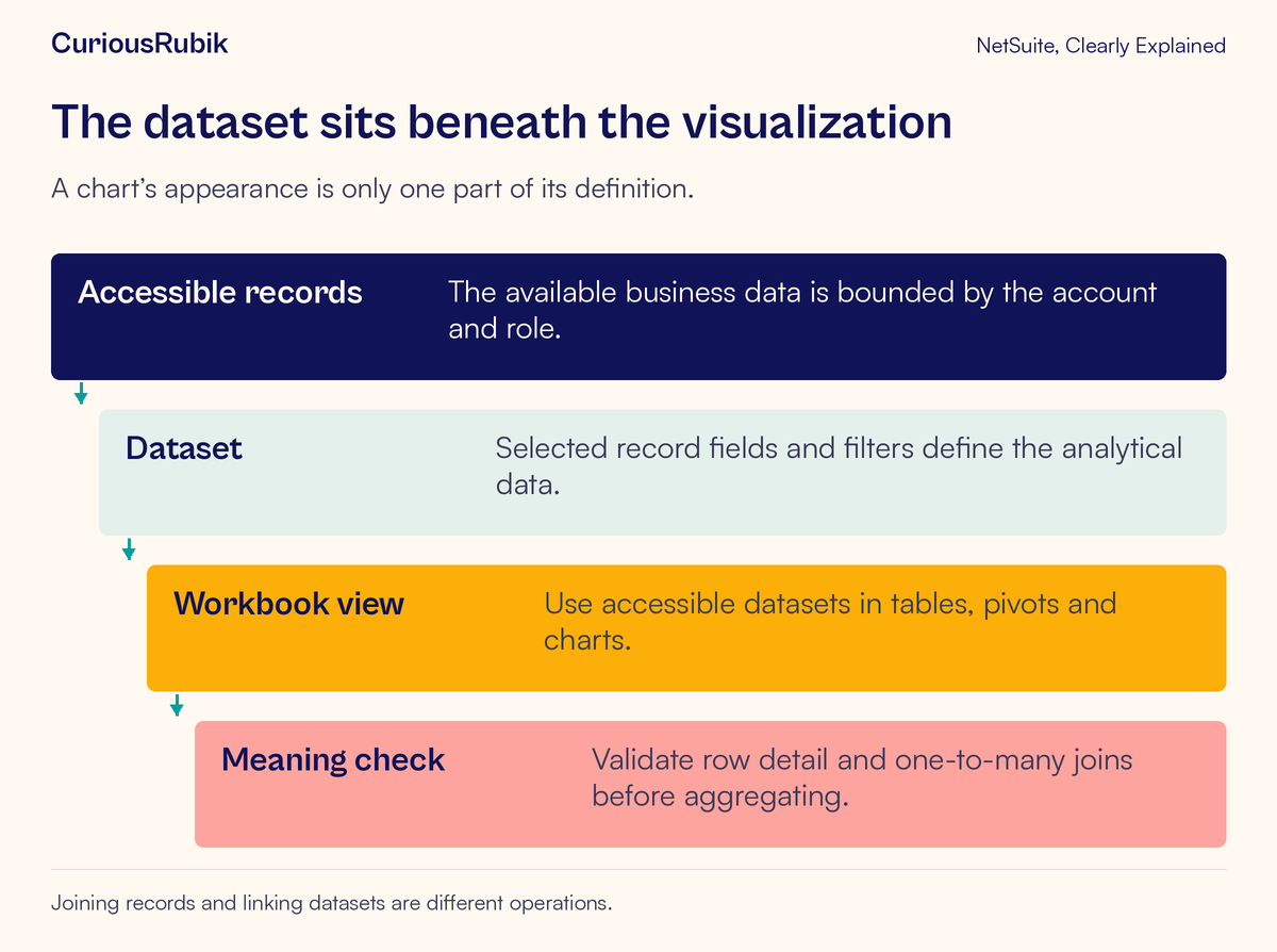 A layered model connects accessible records, dataset fields and filters, workbook views and row-meaning checks.