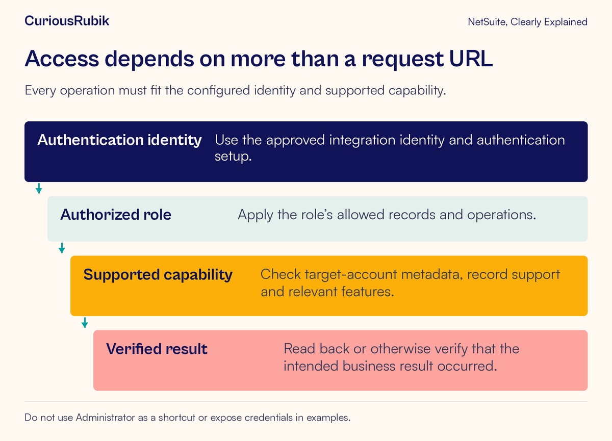 Authentication, authorized role, supported record capabilities and result verification bound a REST operation.