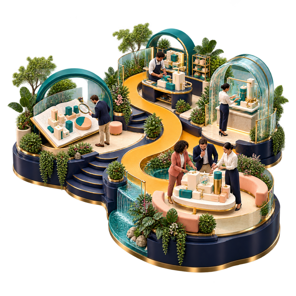 Concept illustration of connected workspaces along a considered path