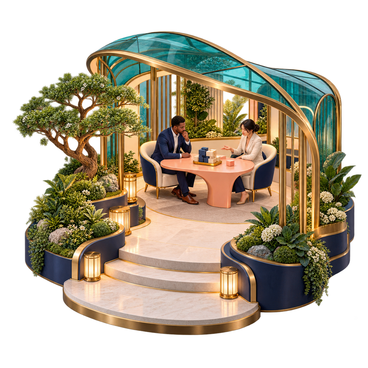 Concept illustration of people meeting in an open garden workshop