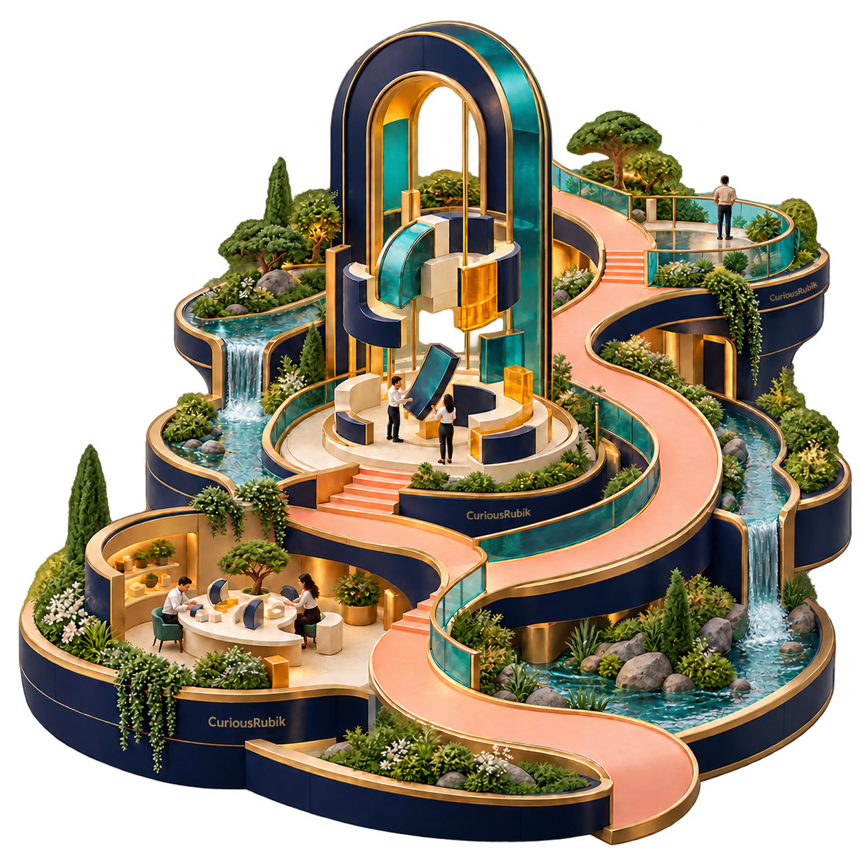 A connected garden of discovery, software-building and operating spaces linked by a sweeping peach path.