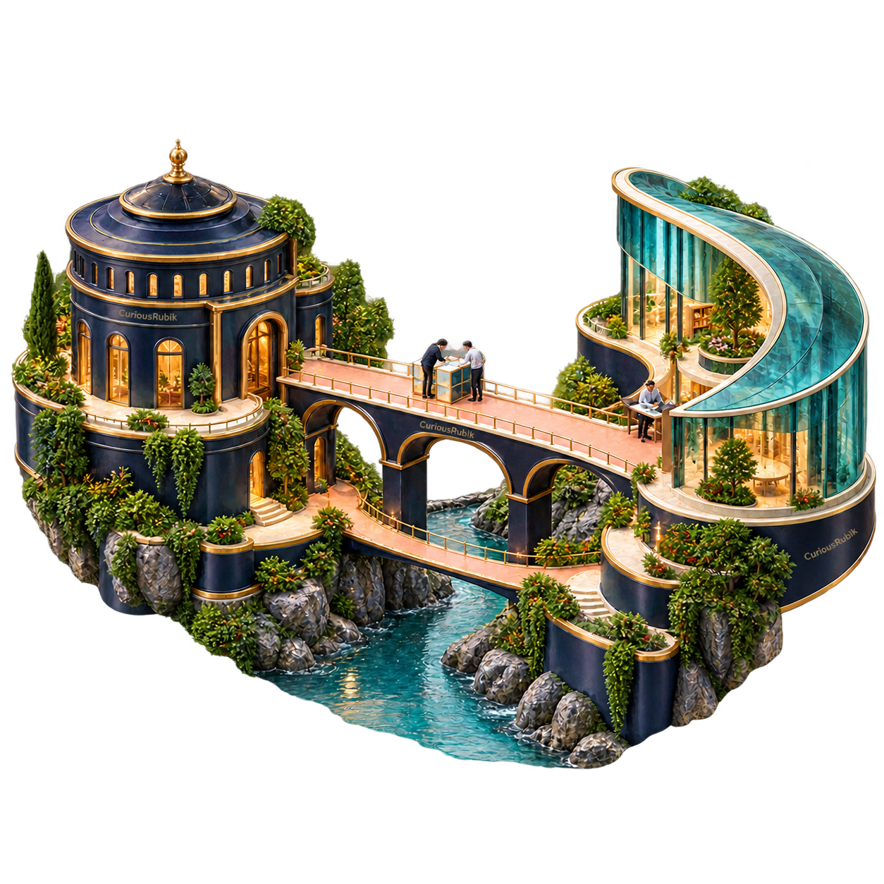 Carefully engineered bridges connect an established navy building with a modern teal-glass pavilion.