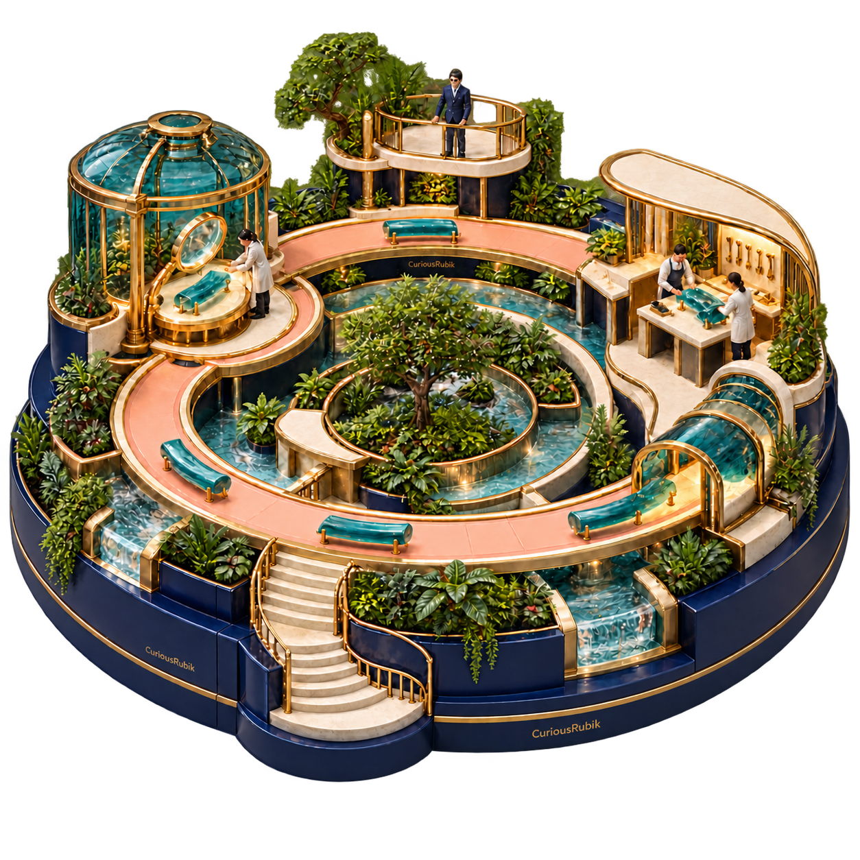 An operating loop links observation, hands-on refinement and production around a central garden.