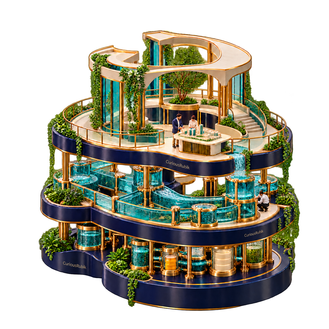 An open layered structure reveals connected data foundations beneath an architectural planning workshop.