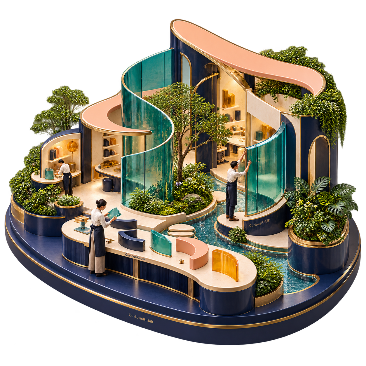 Designers fit bespoke curved components into a purpose-built software workshop represented as a garden pavilion.
