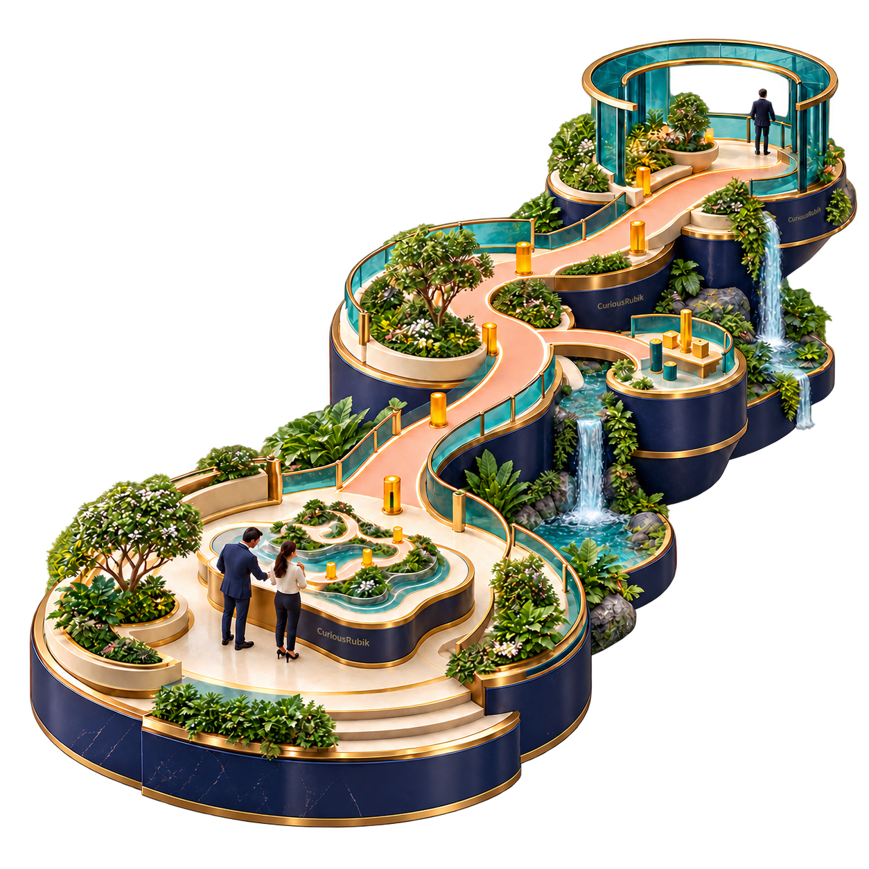 Planners map a staged route through garden terraces toward a shared destination.