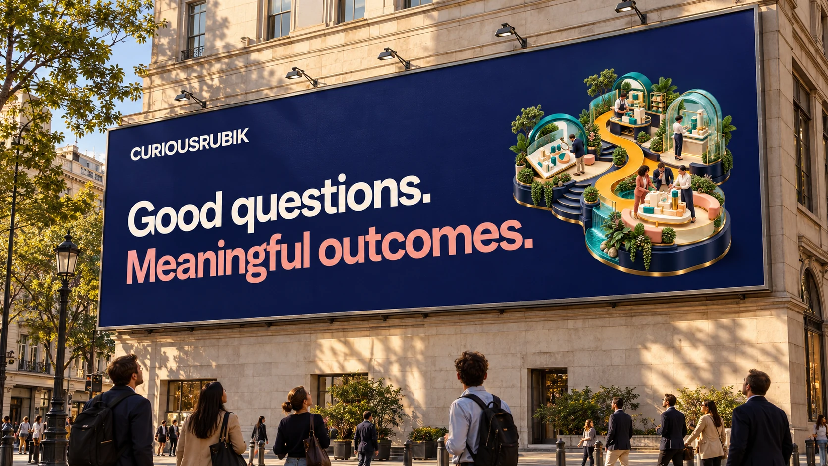 Photographic street scene with a monumental navy CuriousRubik billboard reading “Good questions. Meaningful outcomes.”