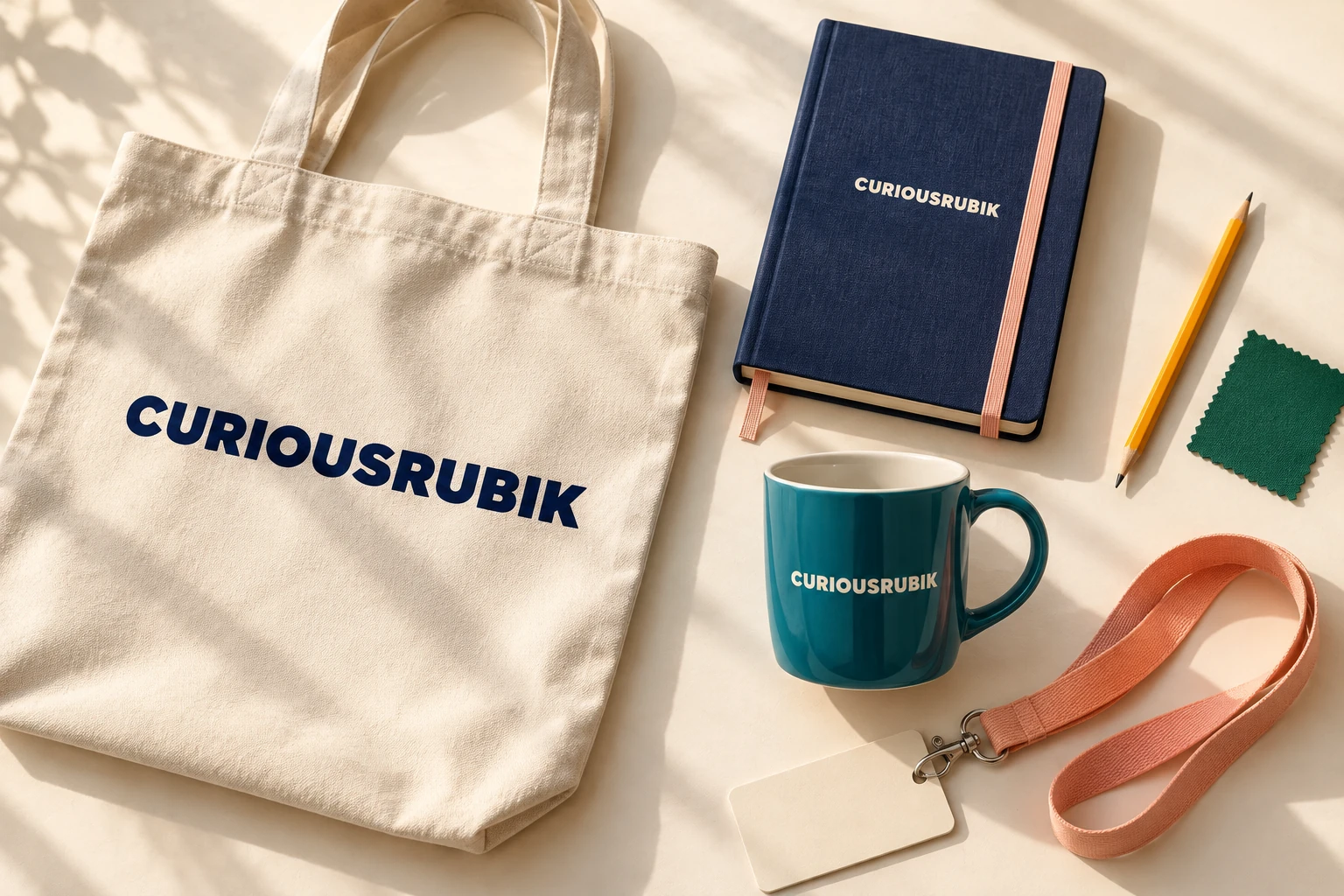 CuriousRubik branded merchandise, including a tote bag, notebook and mug in the Midnight Garden palette.