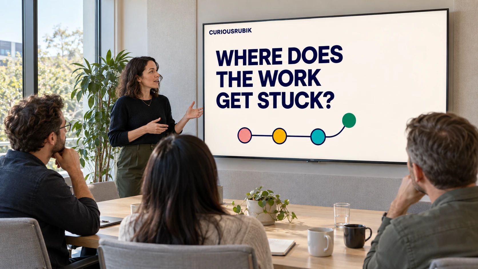 A CuriousRubik presentation displayed on a large television in a collaborative meeting space.