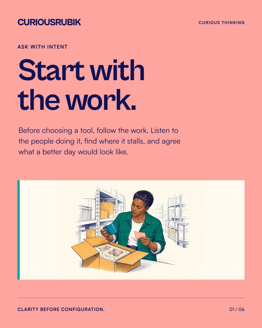 Peach CuriousRubik poster reading “Start with the work,” with a restrained editorial illustration of a person examining a packing task.