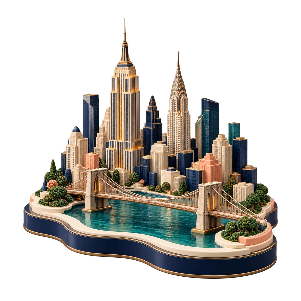 Sculptural New York skyline with the Empire State and Chrysler buildings and Brooklyn Bridge in CuriousRubik colours.