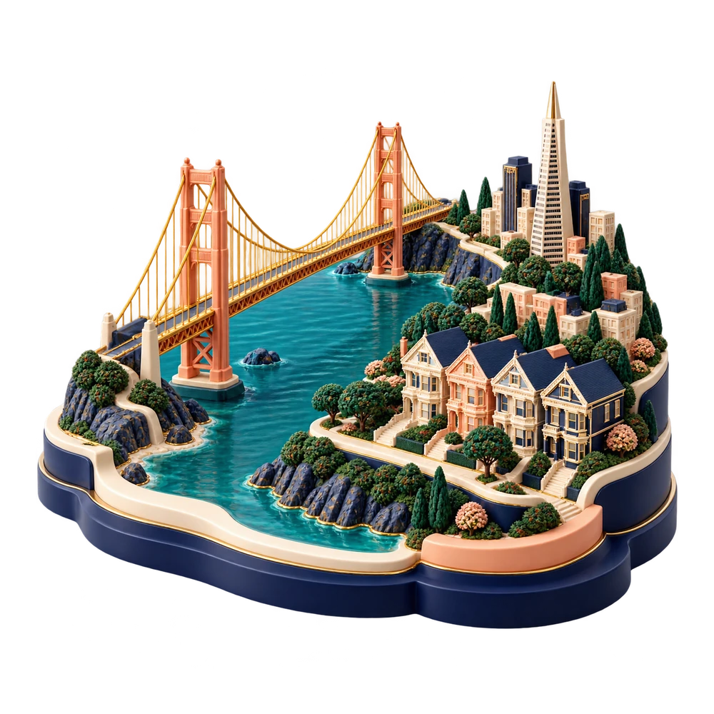 Sculptural San Francisco scene with the Golden Gate Bridge, Victorian houses and Transamerica Pyramid in CuriousRubik colours.