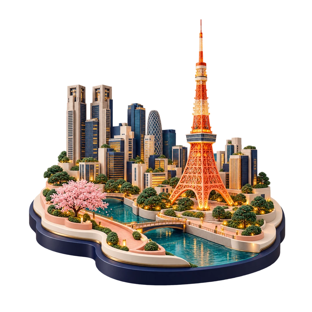 Sculptural Tokyo scene with Tokyo Tower, modern high-rises and a cherry blossom garden in CuriousRubik colours.