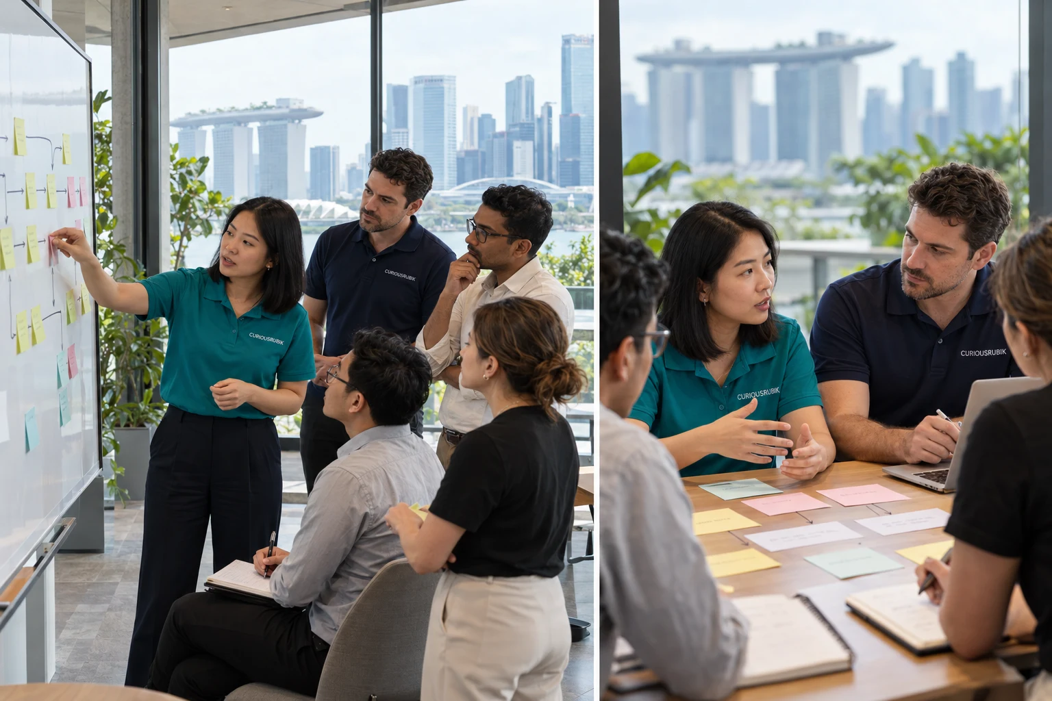 An illustrative workplace scene showing fictional colleagues discussing process design around a shared table.