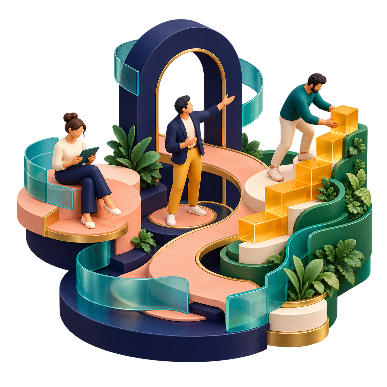 People finding their way through a sculptural garden of connected paths, open arches and rising steps in the CuriousRubik palette.