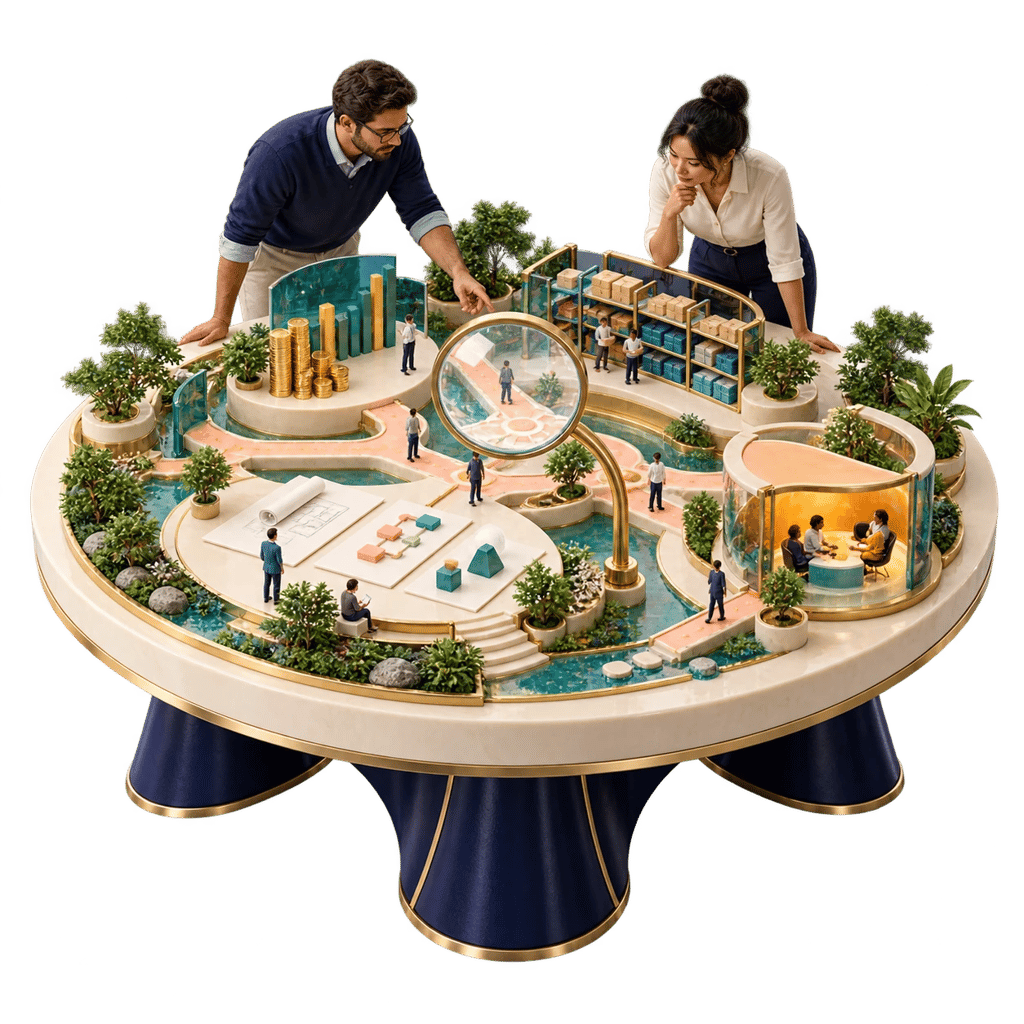 A miniature connected business landscape explored together by two people.