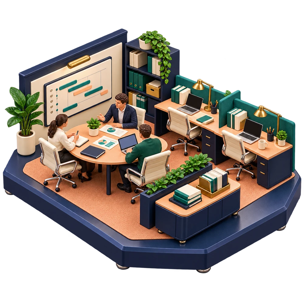 A sculptural professional services workplace with project and collaboration areas.